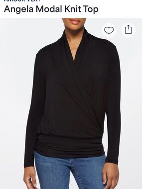 Amour Vert Black Draped Surplice Long Sleeve Top